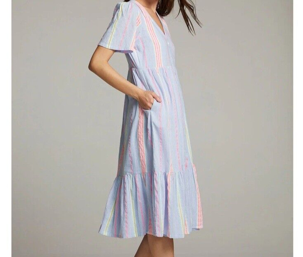 CHASER South West Beach Stripe Midi Dress Boho Beach Revival Blue Orange NWT S
